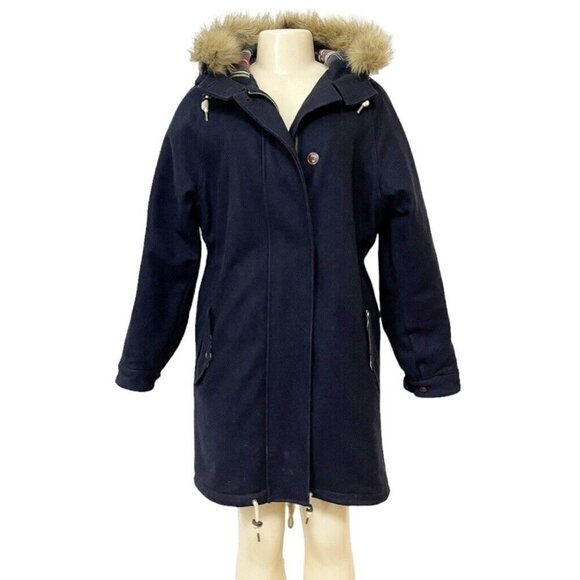 Fred Perry Navy Blue‎ Wool Blend Coat Hood Fur Trim Twill Winter Jacket Women 6 - Picture 1 of 16